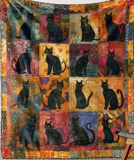 Black Cat Fleece Blanket, Lightweight