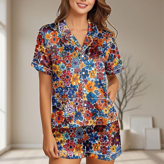 Floral Satin Pajama Set with Pockets, Flower Women Sleepwear, Retro Cottagecore Loungewear, Nature Pajamas