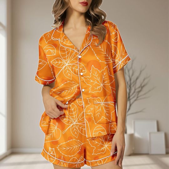 Discover Orange Fall Leaf Satin Pajamas Set, Autumn Leaves Women Pajamas, Retro Fall Bridesmaid Pajamas, Nature Soft Pjs, Bridal Party Gift