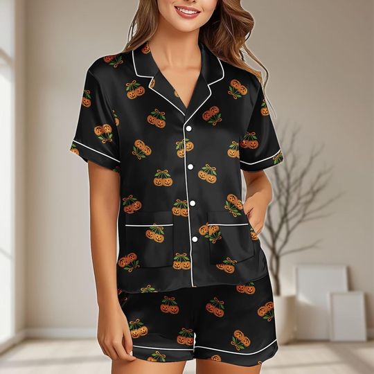 Cute Pumpkin Satin Pajamas Set with Pocket, Halloween Fall Women’s Sleepwear & Loungewear, Jack-o-Lantern Spooky Autumn PJs