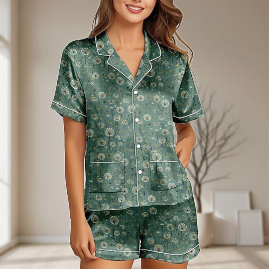 Green Dandelion Satin Pajamas Set with Pocket for Women, Retro Botanical Sleepwear, Bridesmaid Loungewear, Garden Lover PJs