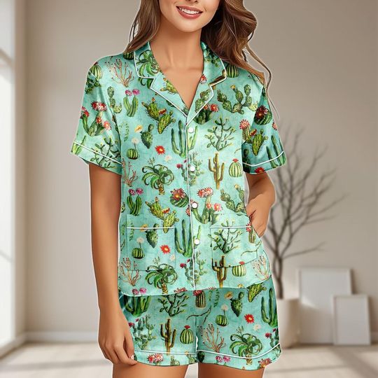 Discover Cactus Satin Pajamas Set, Green Botanical Women PJs, Bridesmaid Matching Sleepwear, Desert Plant Loungewear, Halloween Gifts