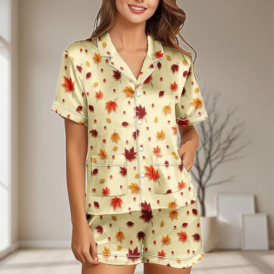 Fall Maple Leaves Satin Pajamas Set for Women with Pockets, Retro Autumn Sleepwear, Cozy Beige Leaf Lounge Set
