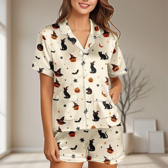 Black Cat Pumpkin Satin Pajama Set for Women, Halloween Sleepwear, Cute Spooky Loungewear, Witchy Bridesmaid PJs