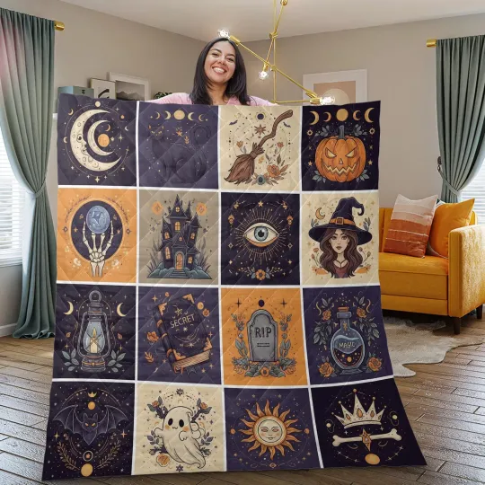 Halloween Patchwork Fleece Blanket with Witch, Haunted House, Pumpkin, Ghost & Moon Design