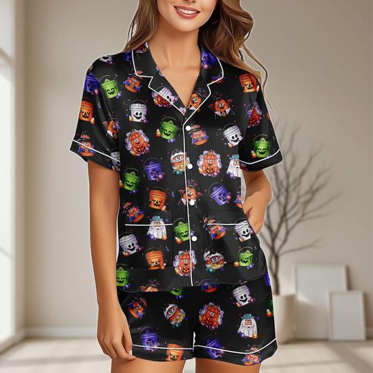 Discover Spooky Nuggets Satin Pajamas Set, Halloween Buckets Women PJs, Bridesmaid Matching Sleepwear, Halloween Chickens PJs, Gift For Her