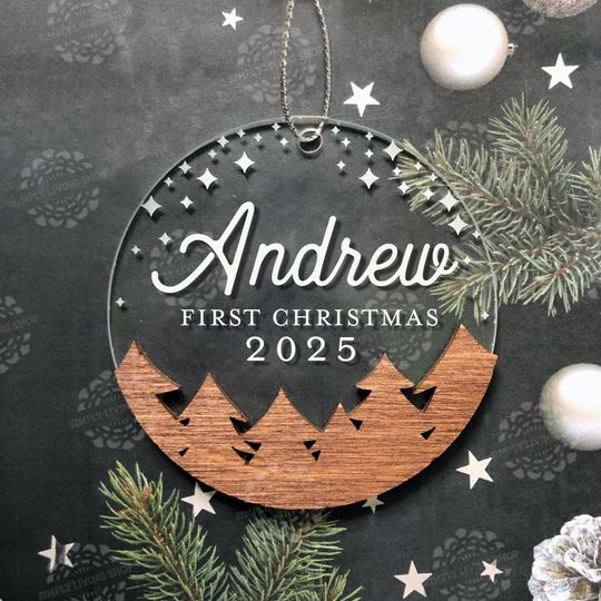 Discover Personalized Babys First Christmas Ornament - Christmas 2025 Ornament, Wood and Acrylic Ornament, Engraved Ornament, Woodland Baby ornament