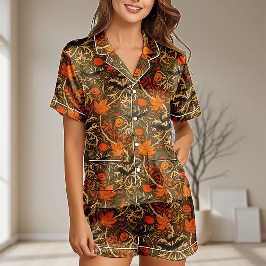 Halloween Pumpkin Satin Pajamas Set for Women, Retro Autumn Sleepwear with Pockets, Bat Spooky Nightwear, Bridal Shower Gift