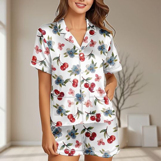 Cherry Floral Satin Pajamas Set with Pocket for Women, Fruit and Flower Sleepwear, Bridal Shower Gift