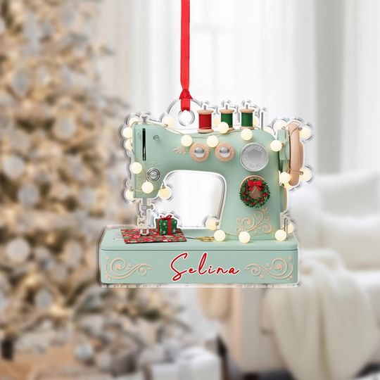 Personalized Sewing Machine Ornament, Acrylic or Wood, Thread and Notions Design, Christmas Tree Decor