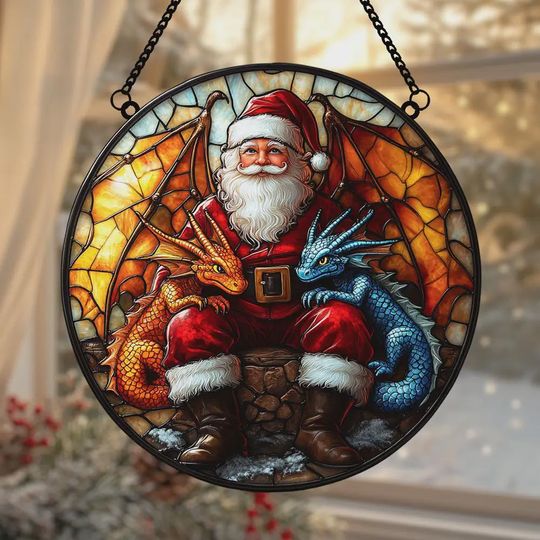 Discover Santa With Dragons 2025 Christmas Ornament Acrylic Suncatcher  Fantasy Faux Stained Glass Window Hanging Gift For Dragon Lovers