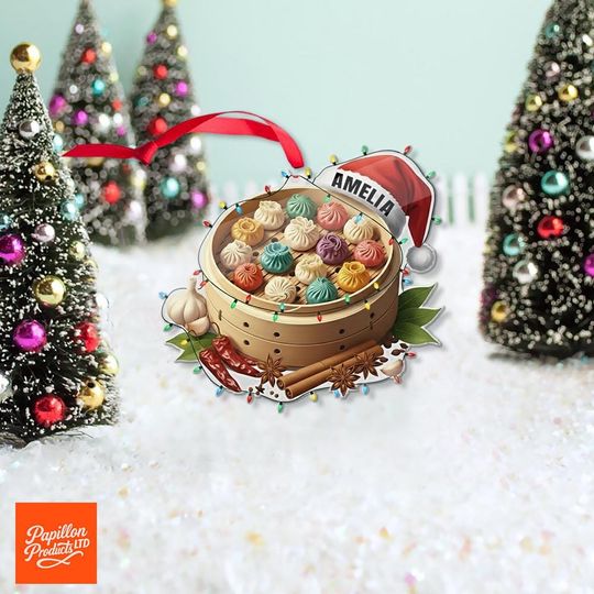 Personalized Soup Dumpling Christmas Ornament, Acrylic Bamboo Steamer Holiday Gift, Custom Name Dim Sum Tree Decor for Food Lovers