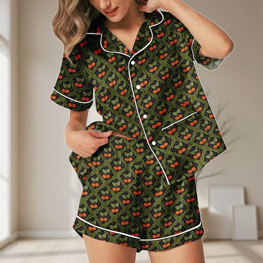 Black Cat Satin Pajamas Set with Pocket, Pumpkin & Witchy, Women's Halloween Sleepwear, Summer Loungewear