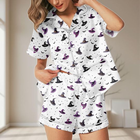 Halloween Witch Hat Satin Pajama Set for Women with Pockets