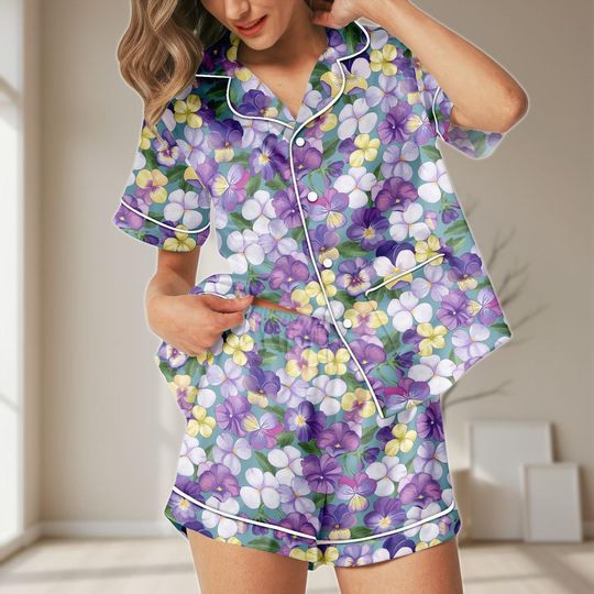 Discover Purple Floral Satin Pajamas Set, Violet Flower Print Princess Women PJs, Short Sleeve Summer Sleepwear for Women, Bridal Shower Gifts