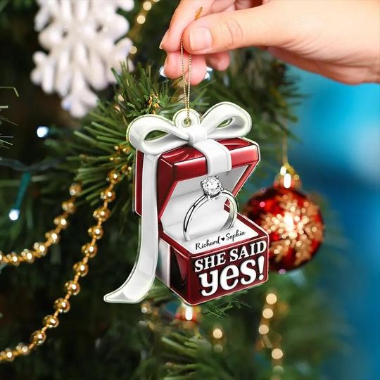 Personalized Engagement Ring Box Ornament: 'She Said Yes' Acrylic Keepsake