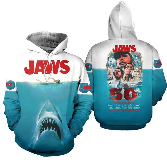 Jaws 3D Hoodie, 50th Anniversary Horror Movie Fan Apparel, Shark Lover