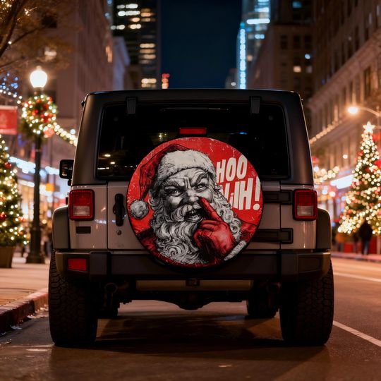 Discover Christmas Spare Tire Cover with Angry Santa Claus Design | Funny Holiday Jep SUV RV Tire Cover | Christmas Gift for Dad Husband Camper