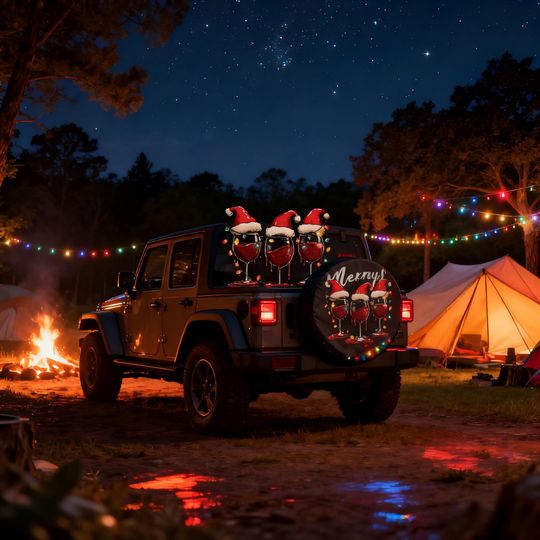 Discover Christmas Wine Glass Spare Tire Cover | Funny Holiday Tire Cover with Santa Hats  | Fits Jep Wrangler, SUV & Camper | Backup Camera Option