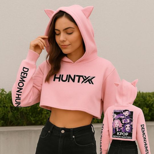 Kpop Crop Top Hoodie with Cat Ears, Demon Hunter Long Sleeve Sweatshirt, Korean Streetwear for Girls and Women