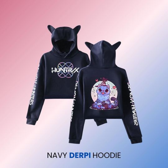 Demon Hunter Cat Ear Cropped Hoodie for Women, Kawaii Long Sleeve Velvet Sweatshirt, Casual Fall Winter Top