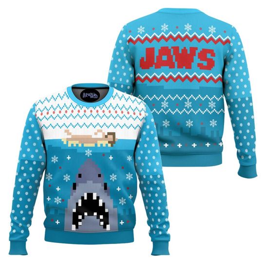 Discover Jaws Blue Shark Knitting Pattern Ugly Christmas Sweater, Funny Ocean Movie Jumper, Winter Holiday Pullover, Christmas Gift for Family 2025