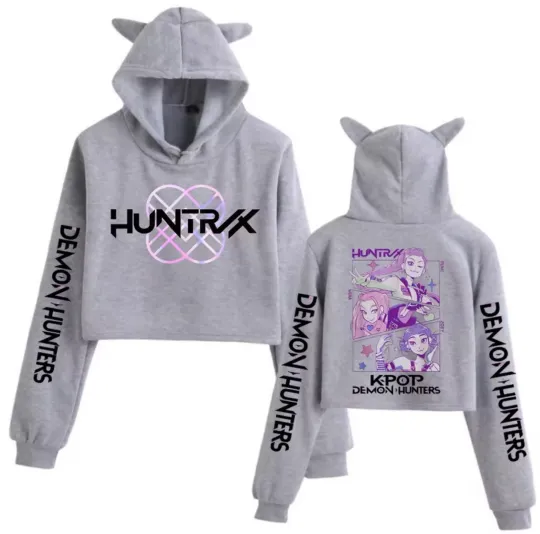 Kpop Demon Hunters Crop Top Cat Ear Hoodie Long Sleeve Girls' Fashion Sweatshirt