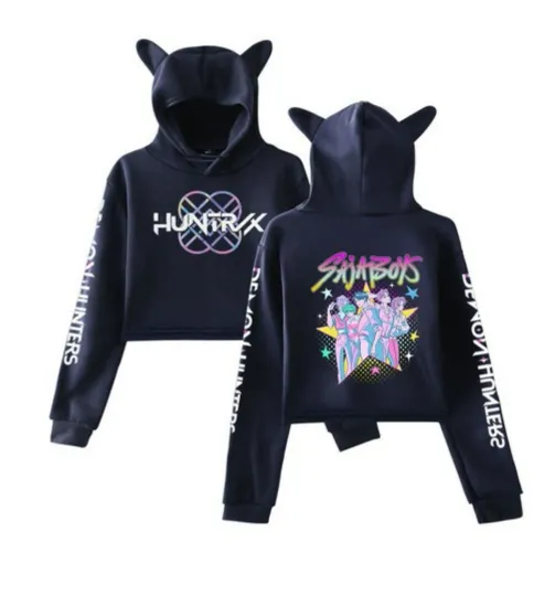 Discover Kpop Demon Hunters Crop Top Cat Ears Sweatshirt Long Sleeve Girls Hoodie XL BK