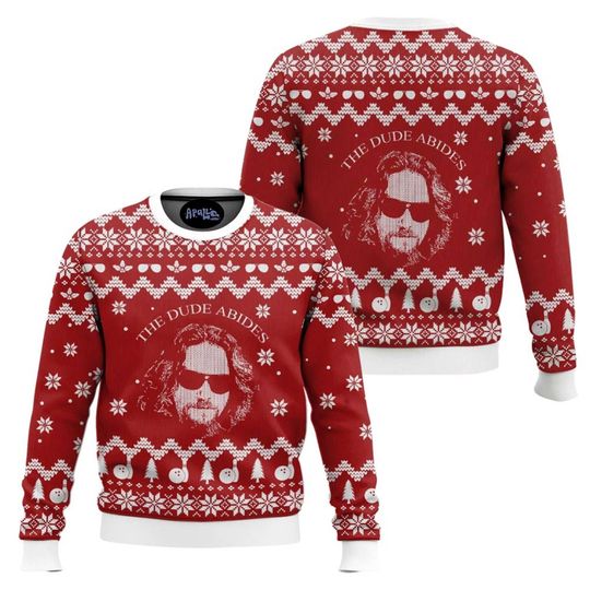 Funny The Dude Abides Christmas Sweater The Big Lebowski Retro Holiday Pullover Outfit