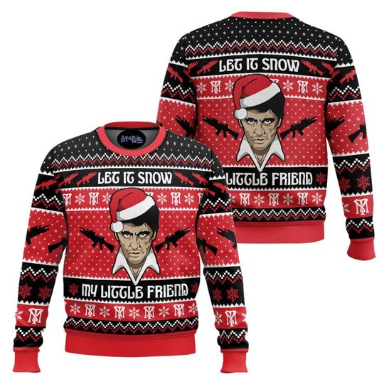 Funny Scarface Christmas Sweater Let It Snow My Wiggly Friend Retro Holiday Pullover 2025