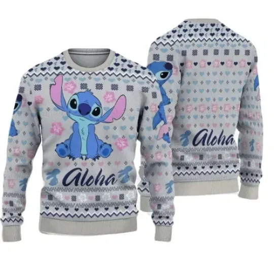 Discover Disney Stitch Aloha Heart Gray Unisex 3D Sweater