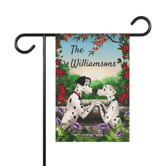 Discover Disney's 101 Dalmatian Personalized Garden or Home Flag Banner featuring Pongo and Perdita looking at each other in love