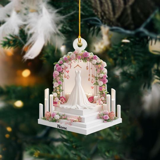 Personalized 2D Flat Wedding Ornament, Wedding Dress Ornament, Wedding Studio Ornament, First Christmas Married Ornament Gift