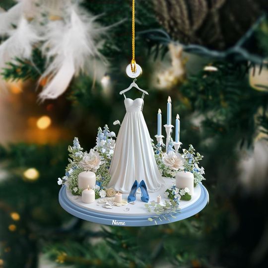Personalized 2D Flat Wedding Ornament, Wedding Dress Ornament, Wedding Studio Ornament, First Christmas Married Ornament Gift