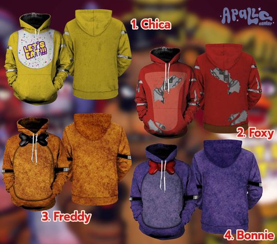 FNAF 3D All Over Print Halloween Costume, Chica Freddy Foxy Bonnie Sweatshirt Halloween