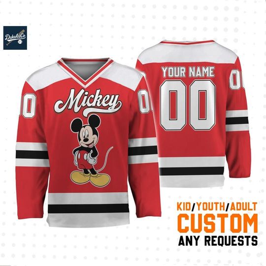 Discover Personalized Disney Mickey and Friends Mickey Hockey Red And Black, Custom Disneyland Hockey Jersey, Baseball Team, Gift for Disney Fans
