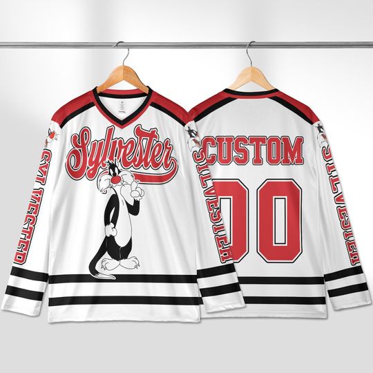 Personalized Sylvester Hockey Jersey, Custom Looney Tunes Cat Shirt, Hockey Fan Lover Gift, Hockey Team Outfit
