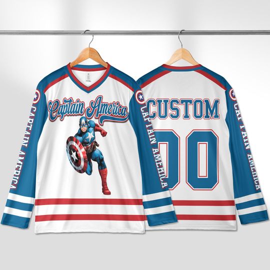 Discover Custom Captain America Hockey Jersey, Personalized Marvel Hockey Jersey, Hockey Fan Lover Gift, Hockey Team Outfit