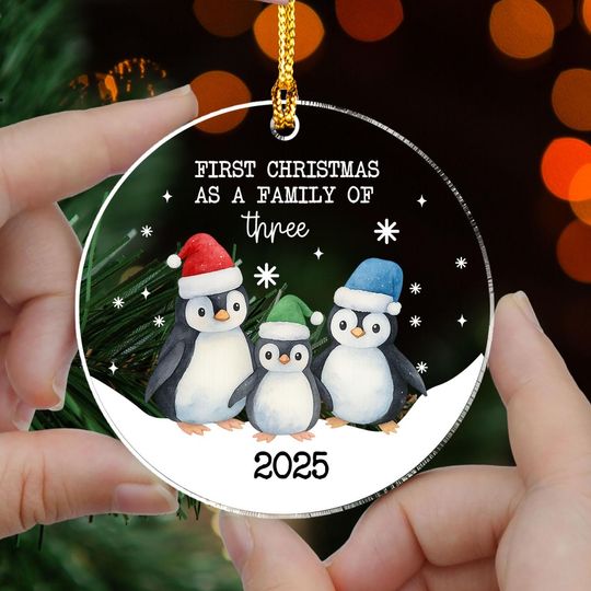 Discover First Christmas as a Family of Three Ornament 2025 - Cute Penguin Family Acrylic Christmas Decoration - New Parents Holiday Keepsake Gift