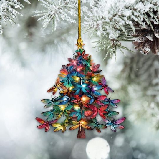 Dragonfly Christmas Tree 2d Ornament, Dragonfly Holiday Gift, Dragonfly Rearview Mirror Car Ornament, Dragonfly Hanging Ornament