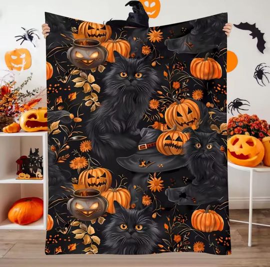 Discover Halloween Black Cat & Pumpkin Blanket  Cozy Flannel Throw