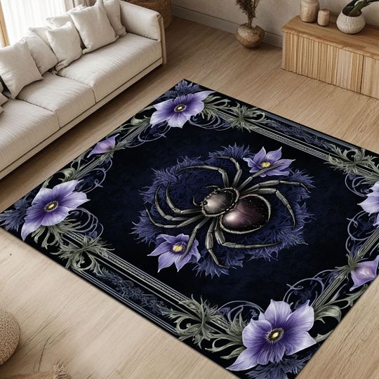 Gothic Spider Rug With Purple Floral Frame, Dark Academia Style Creepy Cute Carpet For Bedroom Or Office Decor, Baroque Insect Area Rug