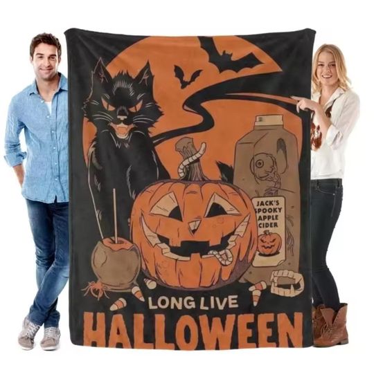 Discover Retro Halloween Blanket: Black Cat & Pumpkin Fleece Throw