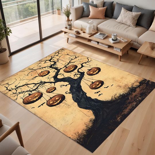 Halloween Rug, Pumpkin Tree Rug, Spooky Fall Mat, Minimalist Halloween Decor, Autumn Floor Rug, Beige Jack-o-Lantern Rug, Haunted Tree Rug