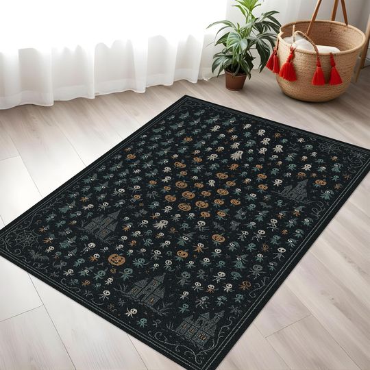 Discover Haunted rug, gothic halloween mat, mini skull ghost rug, kids pumpkin carpet, castle spooky decor, dark fall rug, trick or treat mat