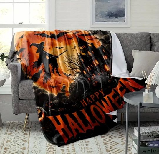 Discover Happy Halloween Blanket  - Spooky Witch & Pumpkin Flannel Throw, Cozy Soft Sofa  Bed Cover