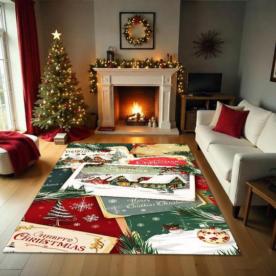 Christmas Postcard Rug Holiday Scene Carpet Vintage Xmas Area Rug Winter Decor Living Room Seasonal Home Decoration Festive Style