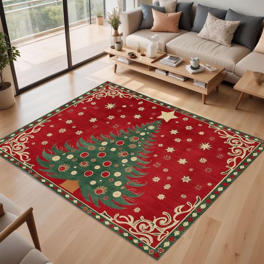 Discover Red Merry Christmas Tree Rug, Holiday Decor Carpet, Festive Living Room Mat,Winter Wonderland Xmas Decoration,Seasonal Christmas Home Accent