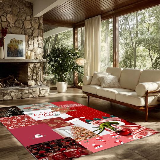 Discover Red Christmas Patchwork Rug, Washable Holiday Collage Carpet with Santa and Candy Canes, Festive Seasonal Area Mat, Cozy Winter Decor Rug