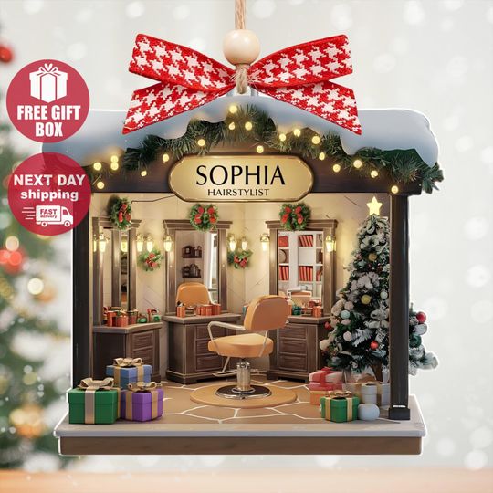 Discover Personalized Hair Salon 2D Flat Printed Acrylic Ornament Not 3D, Hairdresser Gifts, Christmas Decor, Hair Stylist Christmas Ornament